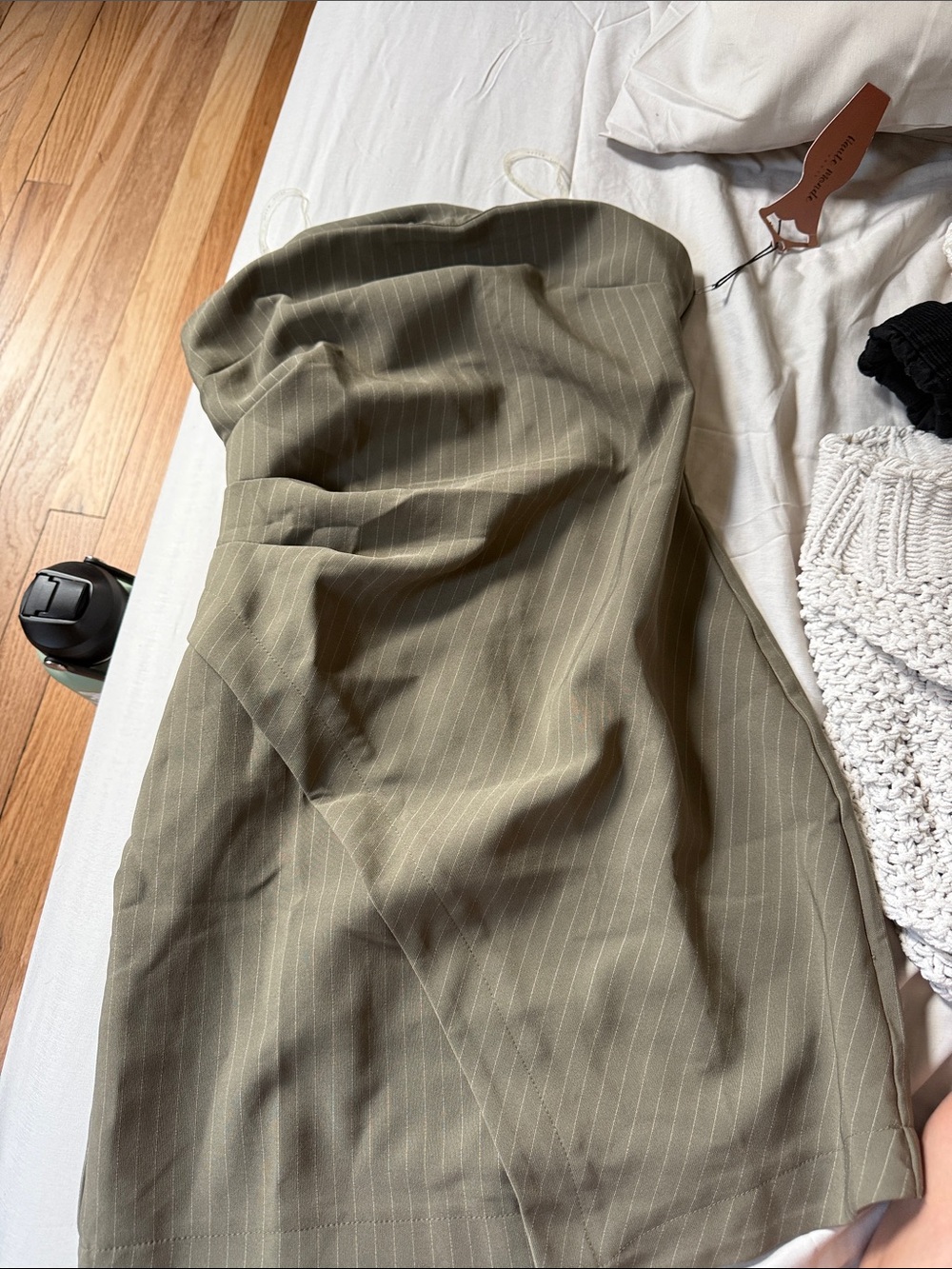 Olive Pinstripe Strapless Midi Dress